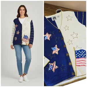 Storybook Knits Freedom American Flag Eagle Patriotic Cardigan Womens Size S